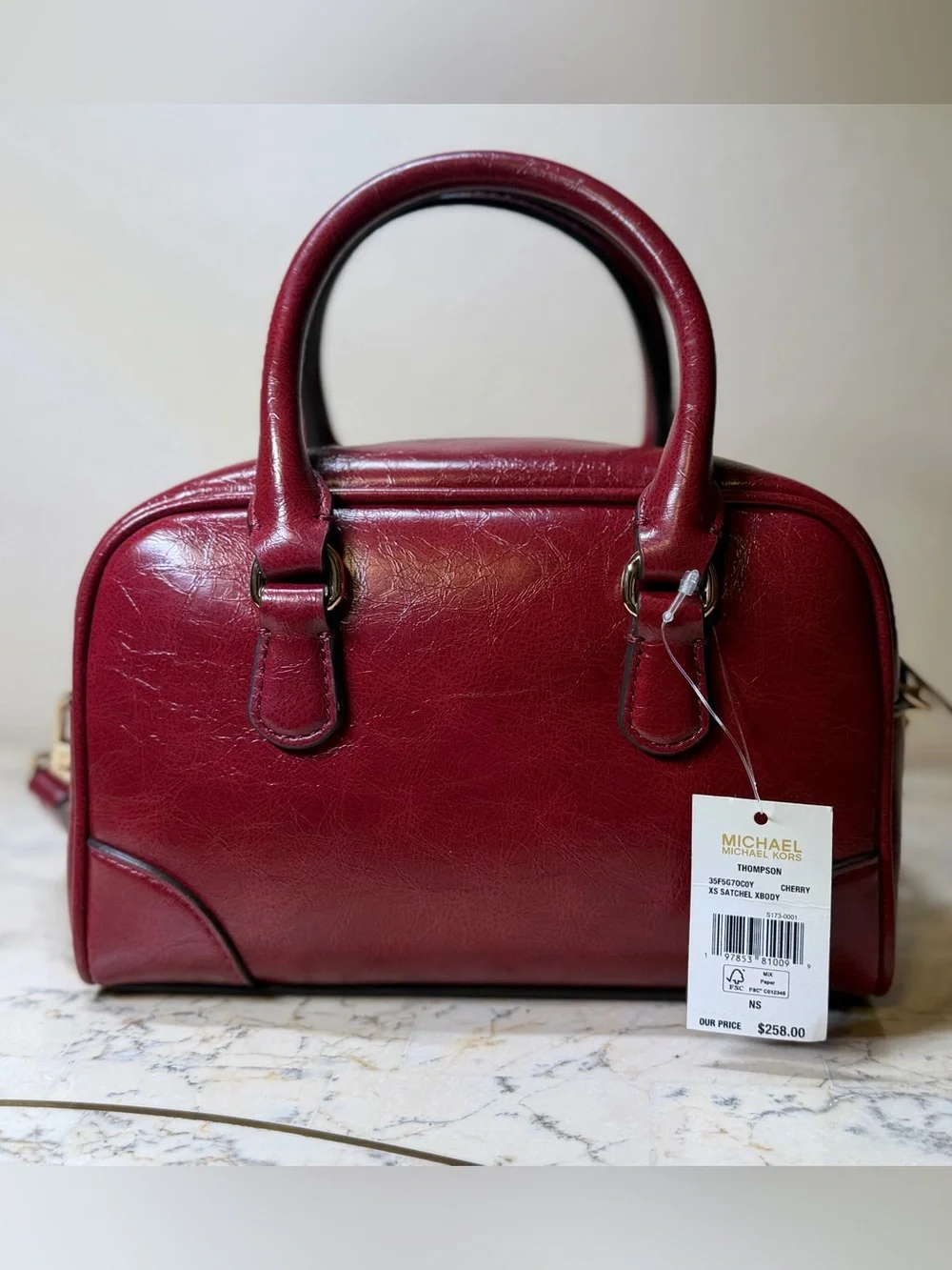 Michael Kors Burgundy Leather Satchel with Gold Logo Charm
